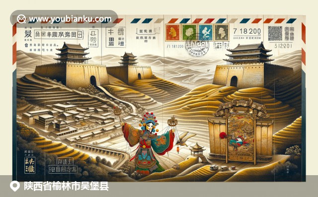 陜西多元文化展示：鎮(zhèn)遠堡、皮影戲和黃土高原風景，融入復古航空郵件元素