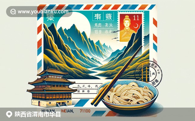 陜西華縣華山背景下的傳統(tǒng)中國郵政元素與油潑面美食，現(xiàn)代插畫風(fēng)格展現(xiàn)地區(qū)特色