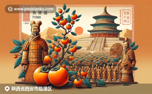 陜西豐富的文化遺產和農業(yè)產出，呈現兵馬俑、柿子樹和古代郵政元素景象