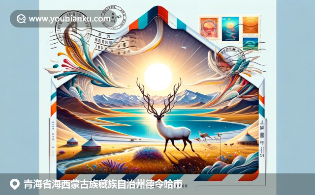 青海德令哈市地域特色明信片，展現(xiàn)茶卡鹽湖、藏羚羊和蒙古包草原景觀