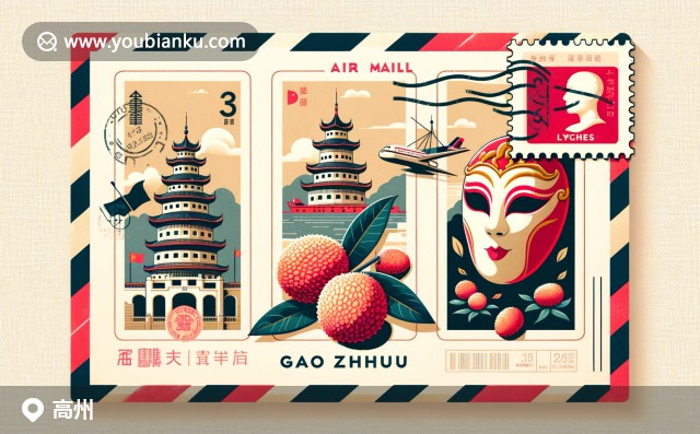廣東省高州市特色郵票插畫：高州塔、荔枝和傳統(tǒng)粵劇面具的航空郵件主題