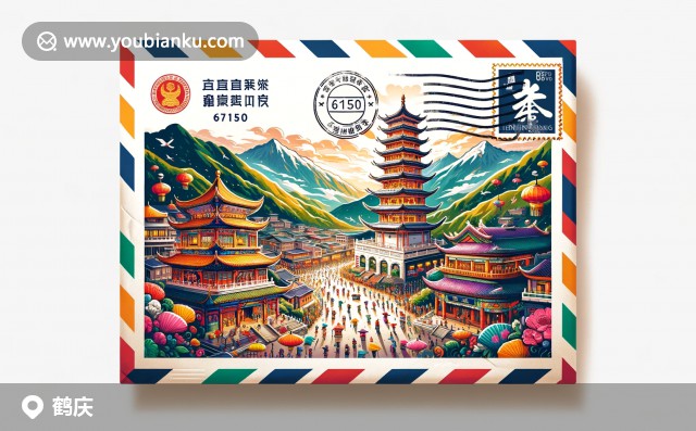 寬幅鶴慶插圖：郵票上的671500郵編，展示蒼山、三塔與三月街節(jié)慶，現(xiàn)代且多彩的風(fēng)貌
