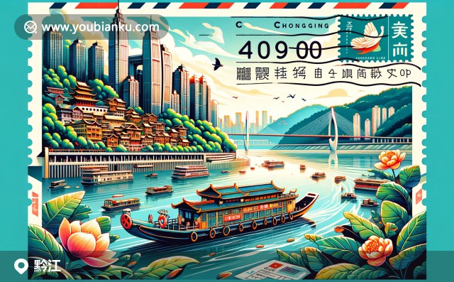 黔江區(qū)插圖：武江河景色，傳統(tǒng)船只，黔江辣子雞與現(xiàn)代郵政設(shè)計