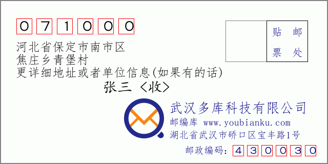郵編信封：郵政編碼071000-河北省保定市南市區(qū)-焦莊鄉(xiāng)青堡村