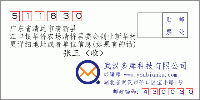 郵編信封:郵政編碼511830-廣東省清遠(yuǎn)市清新縣-江口鎮(zhèn)華僑農(nóng)場清橋居委會創(chuàng)業(yè)新華村