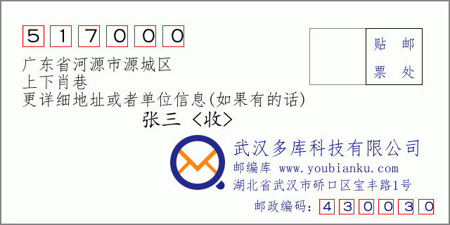 郵編信封:郵政編碼517000-廣東省河源市源城區(qū)-上下肖巷