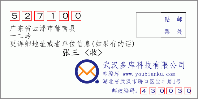 郵編信封：郵政編碼527100-廣東省云浮市郁南縣-十二嶺