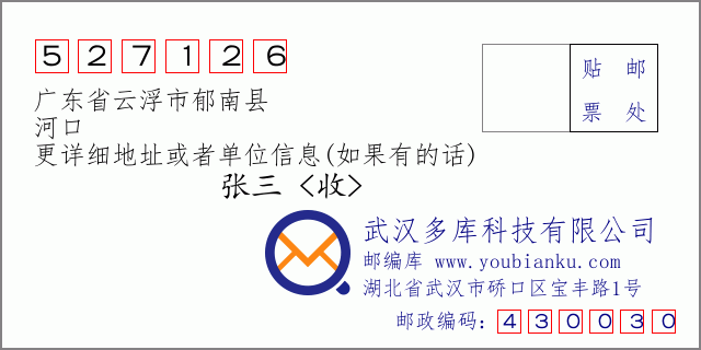 郵編信封:郵政編碼527126-廣東省云浮市郁南縣-河口