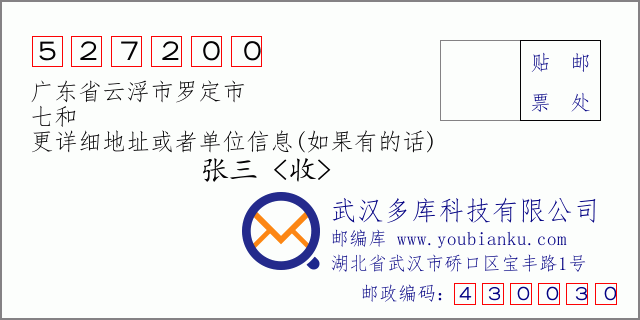 郵編信封:郵政編碼527200-廣東省云浮市羅定市-七和